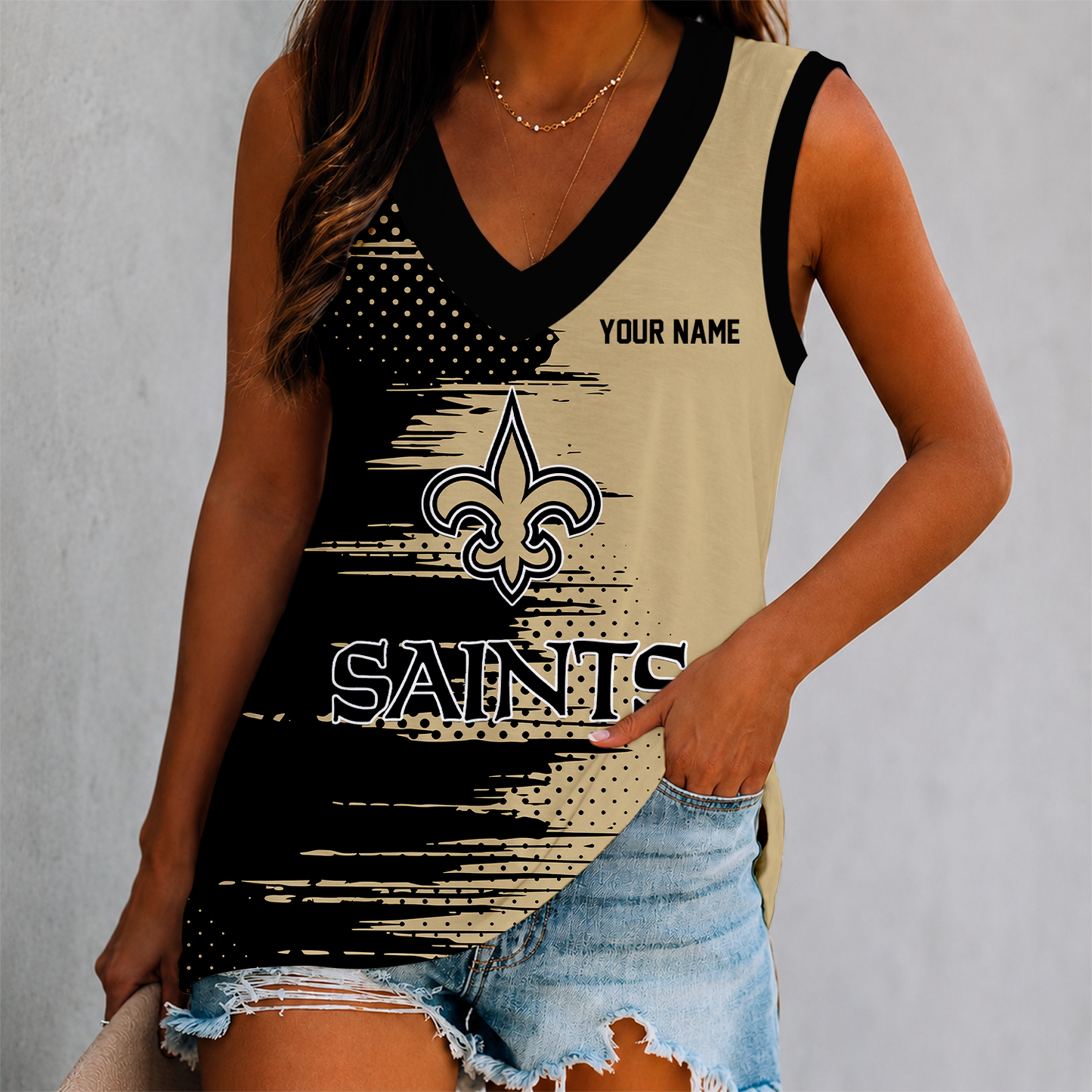 LIMITED EDITION - NEW CUSTOMIZED NFL24 NOS NEW ORLEANS SAINTS WOMEN'S V-NECK TANK TOP