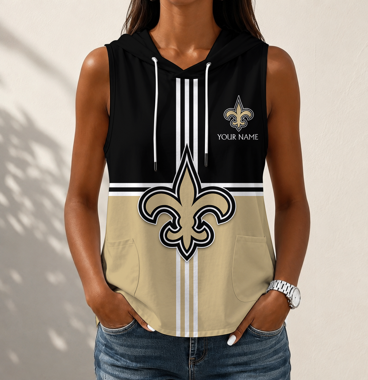LIMITED EDITION - NEW CUSTOMIZED NFL24 NOS NEW ORLEANS SAINTS WOMEN'S SLEEVELESS HOODED POCKET TANK TOP
