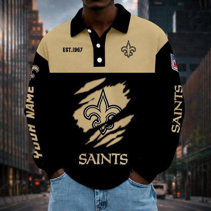 LIMITED EDITION - NEW CUSTOMIZED NFL24 NOS NEW ORLEANS SAINTS MEN LONG SLEEVE POLO