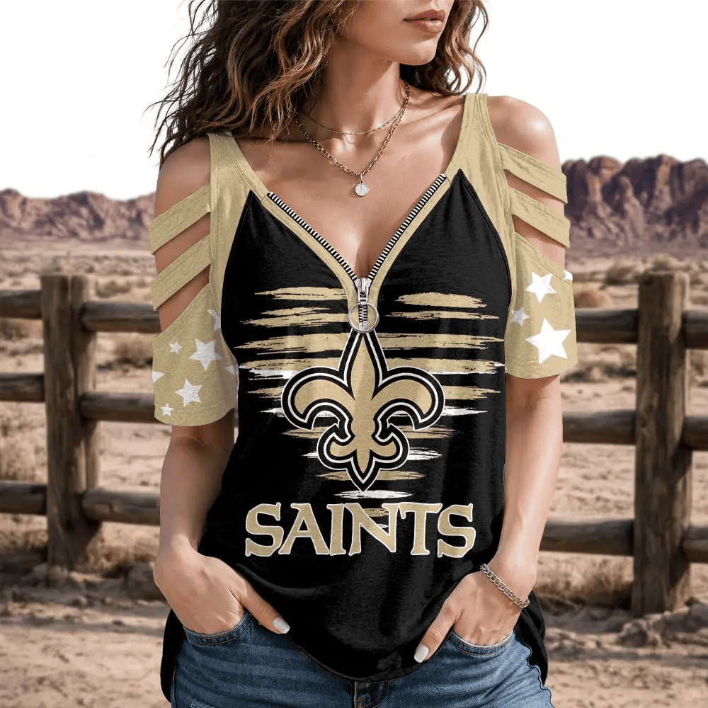 [SPECIAL OFFER] NEW CUSTOMIZED NFL24 NOS NEW ORLEANS SAINTS STRAPPY COLD-SHOULDER TOP