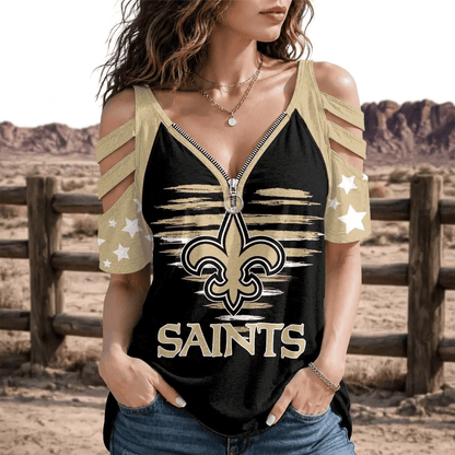 [SPECIAL OFFER] NEW CUSTOMIZED NFL24 NOS NEW ORLEANS SAINTS STRAPPY COLD-SHOULDER TOP