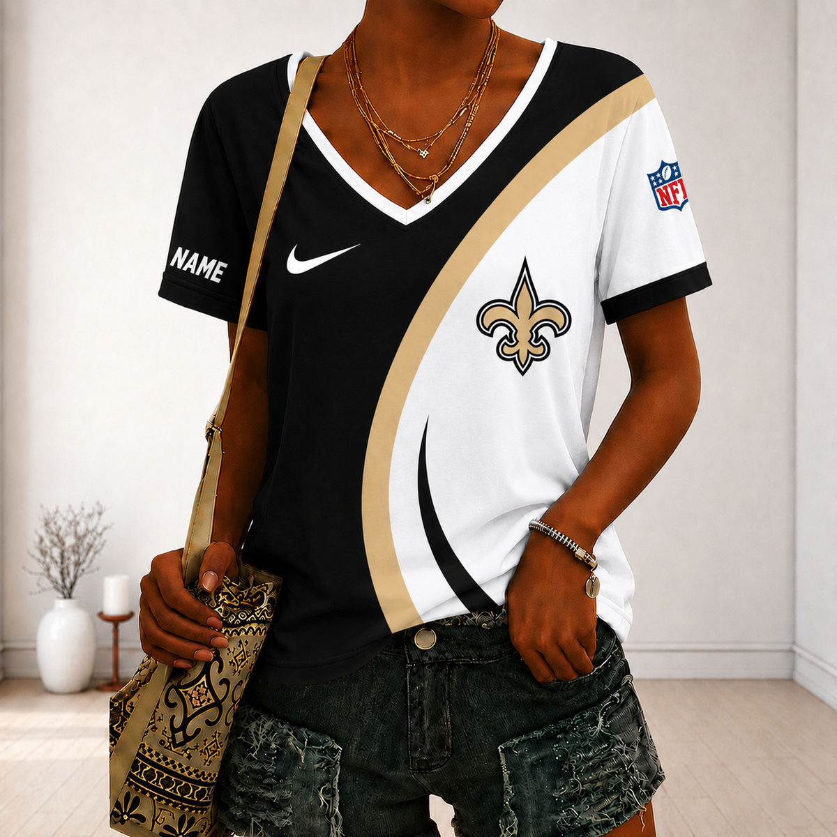 LIMITED EDITION - NEW CUSTOMIZED NFL24 NOS NEW ORLEANS SAINTS V-NECK FEMALE SHIRT