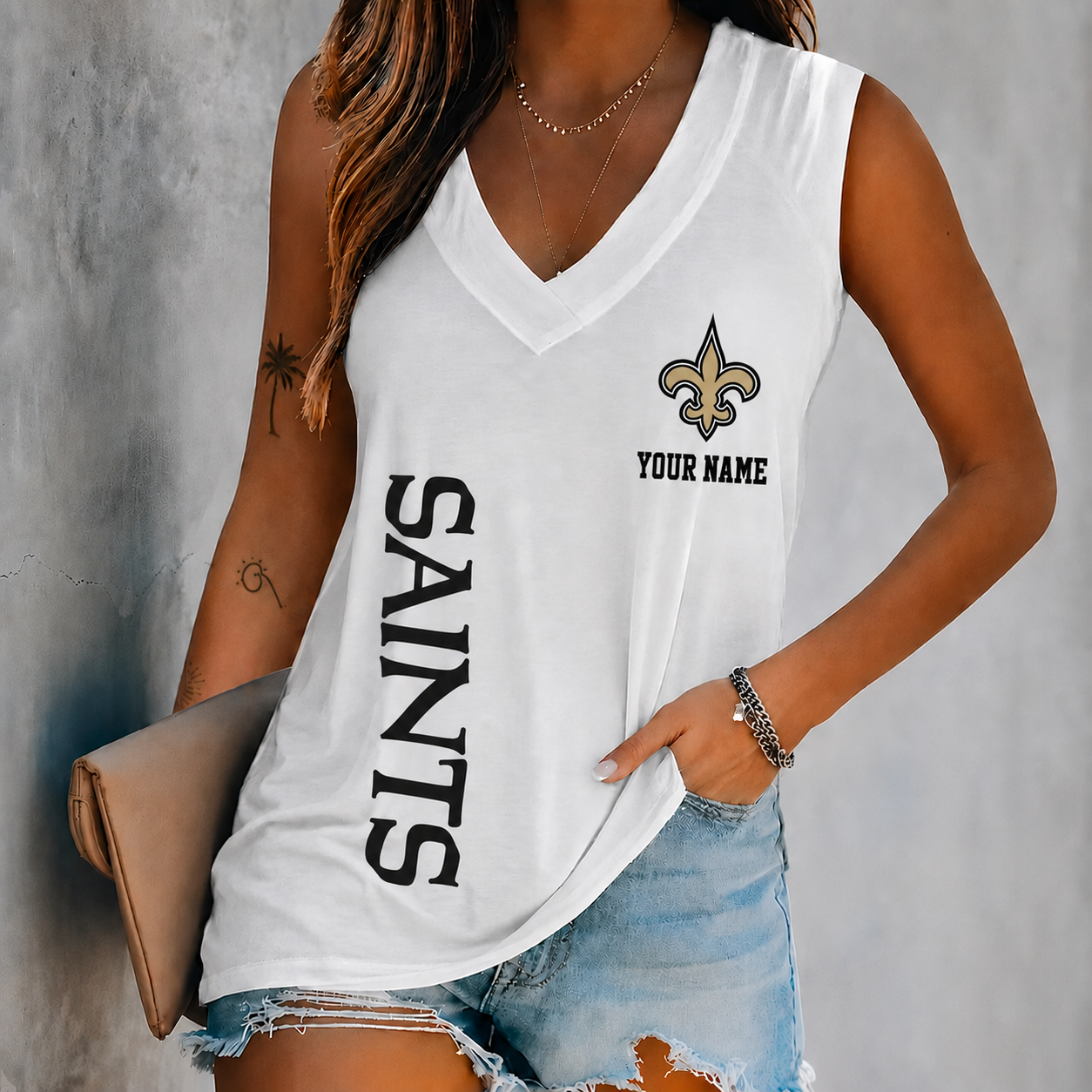 LIMITED EDITION - NEW CUSTOMIZED NFL24 NOS NEW ORLEANS SAINTS WOMEN'S V-NECK TANK TOP