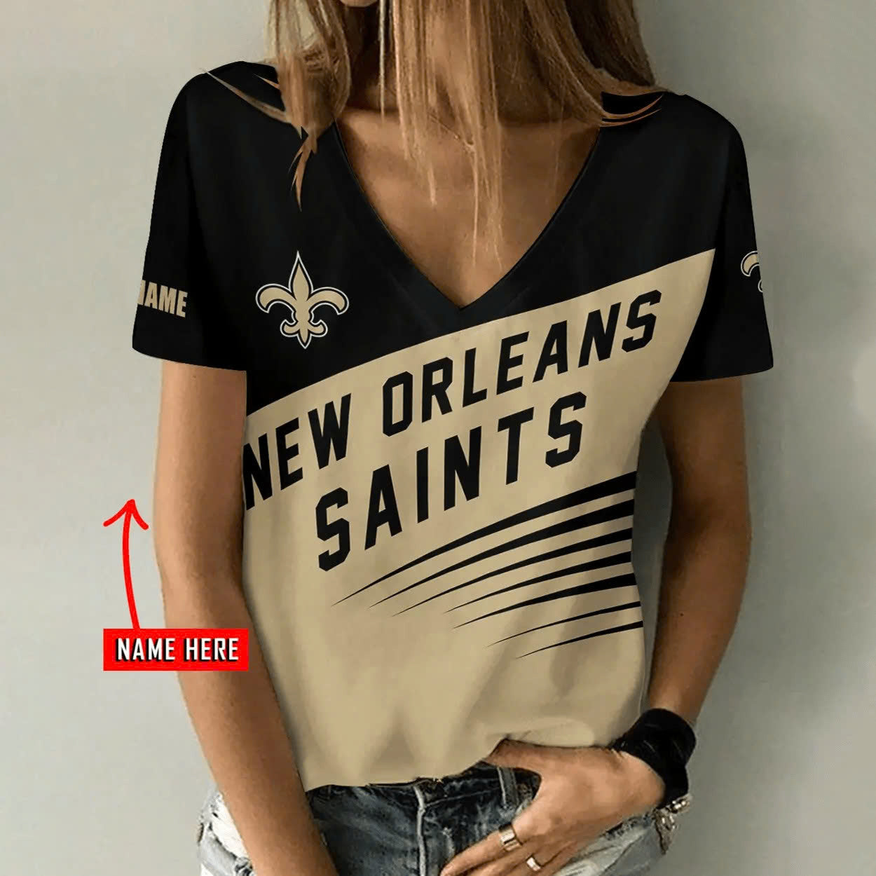 [SPECIAL OFFER] NEW CUSTOMIZED NFL24 NOS NEW ORLEANS SAINTS V-NECK FEMALE SHIRT