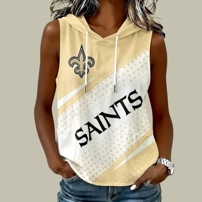 [SPECIAL OFFER] NEW CUSTOMIZED NFL24 NOS NEW ORLEANS SAINTS WOMEN'S SLEEVELESS HOODED POCKET TANK TOP