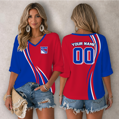 LIMITED EDITION - NEW CUSTOMIZED NHL24 NYR NEW YORK RANGERS WOMEN'S HEART V-NECK LONG SLEEVE SHIRT