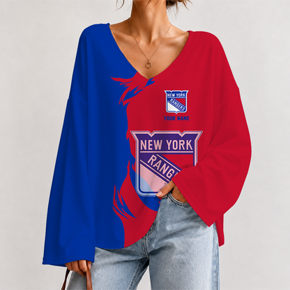 [SUPER SALE] NEW CUSTOMIZED NHL24 NYR NEW YORK RANGERS V-NECK LONG SLEEVED CROP TOP