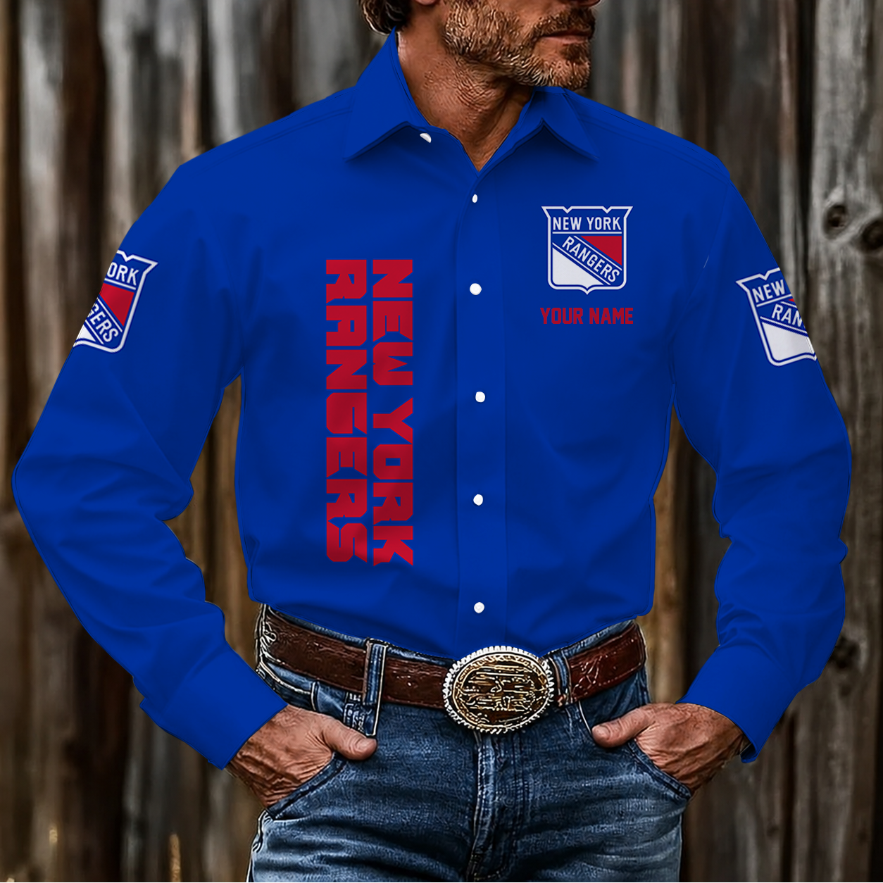 LIMITED EDITION - NEW CUSTOMIZED NHL24 NYR NEW YORK RANGERS MEN'S LONG SLEEVE BUTTON-UP SHIRT