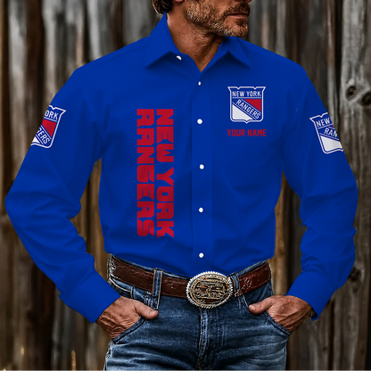 LIMITED EDITION - NEW CUSTOMIZED NHL24 NYR NEW YORK RANGERS MEN'S LONG SLEEVE BUTTON-UP SHIRT