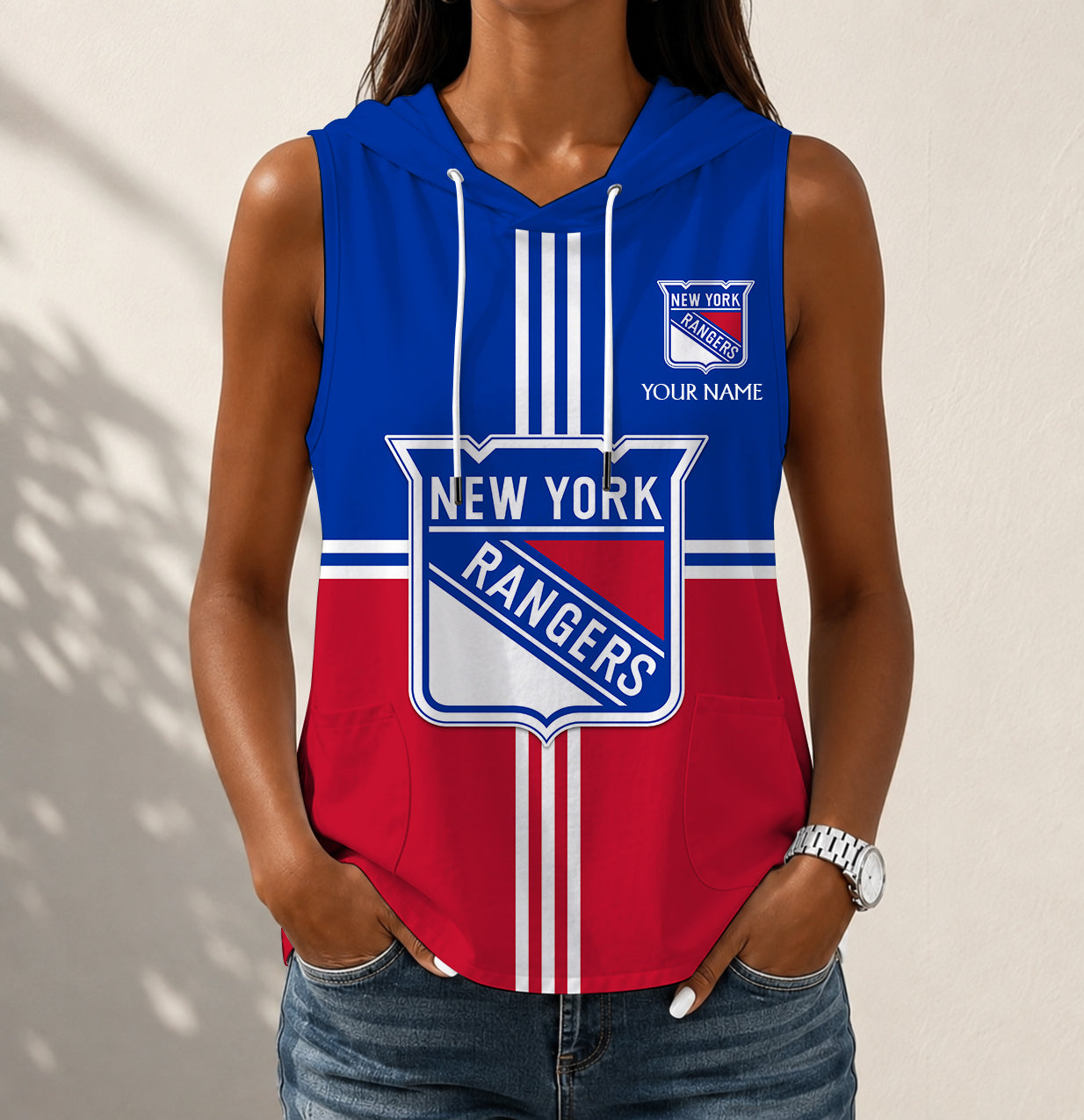 VIRAL EDITION - NEW CUSTOMIZED NHL24 NYR NEW YORK RANGERS WOMEN'S SLEEVELESS HOODED POCKET TANK TOP