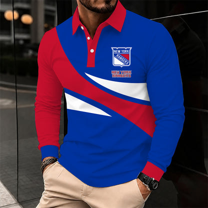 [SUPER SALE] NEW CUSTOMIZED NHL24 NYR NEW YORK RANGERS MEN LONG SLEEVE POLO