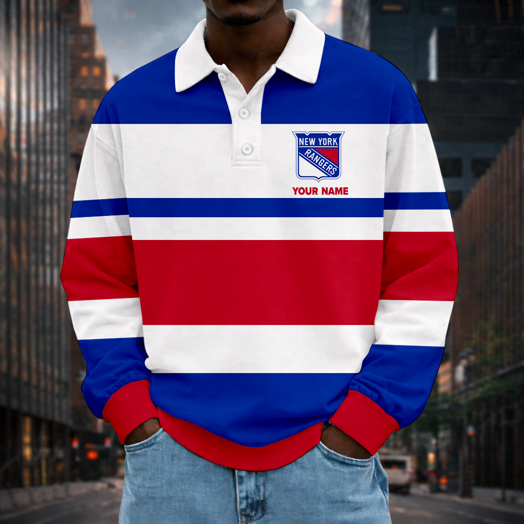 LIMITED EDITION - NEW CUSTOMIZED NHL24 NYR NEW YORK RANGERS MEN LONG SLEEVE POLO