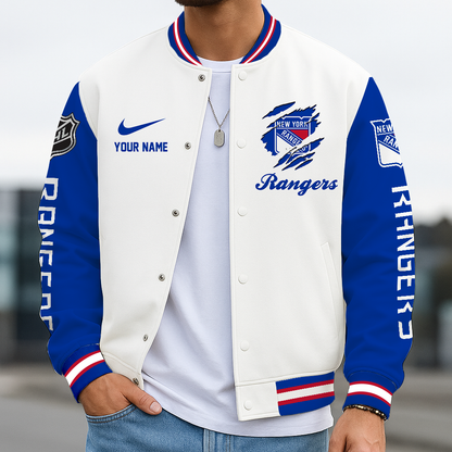 LIMITED EDITION - NEW CUSTOMIZED NHL24 NYR NEW YORK RANGERS BASEBALL JACKET, SATIN VARSITY JACKET