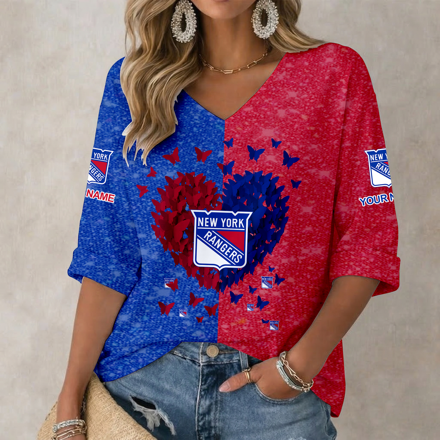 LIMITED EDITION - NEW CUSTOMIZED NHL24 NYR NEW YORK RANGERS WOMEN'S HEART V-NECK LONG SLEEVE SHIRT