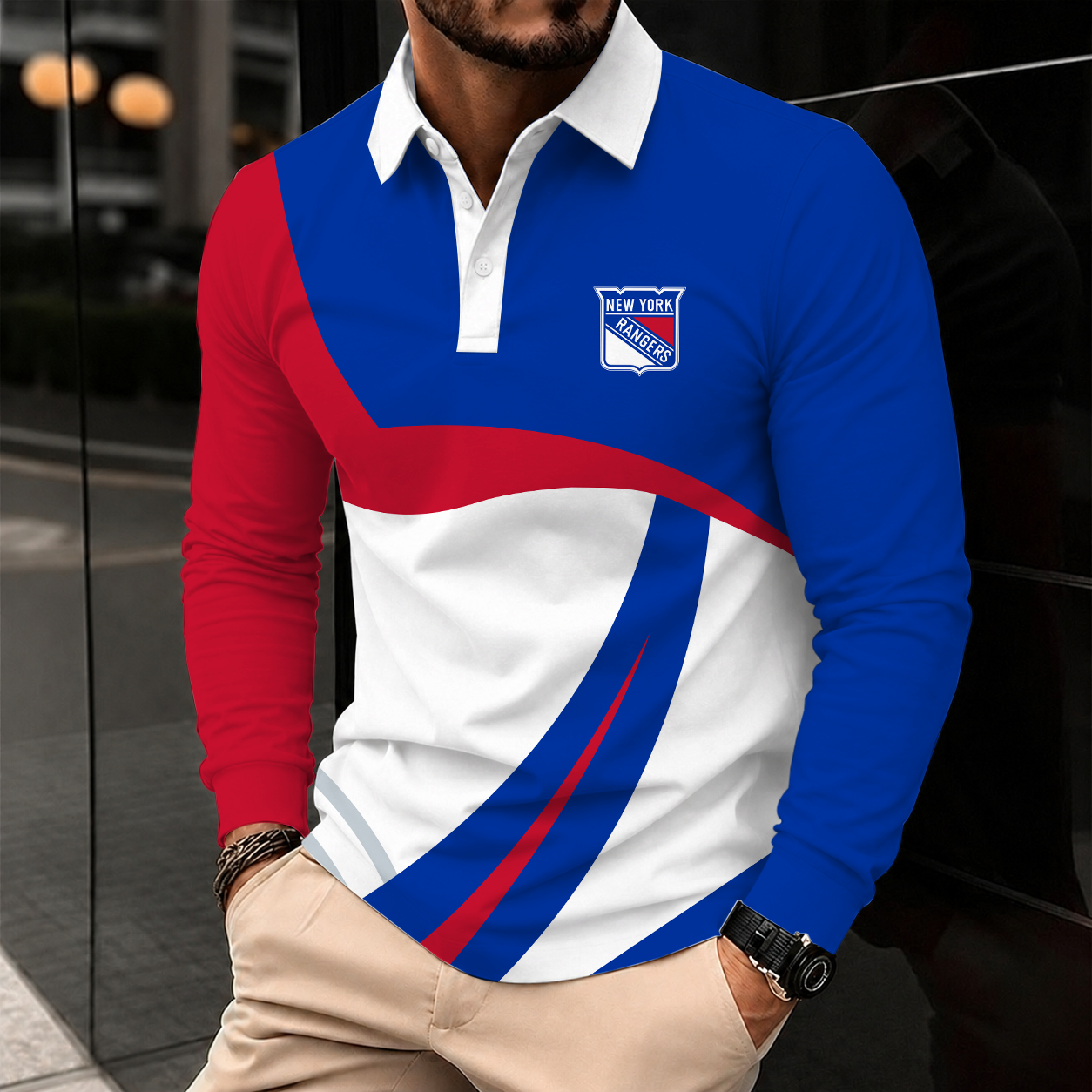 [SUPER SALE] NEW CUSTOMIZED NHL24 NYR NEW YORK RANGERS MEN LONG SLEEVE POLO