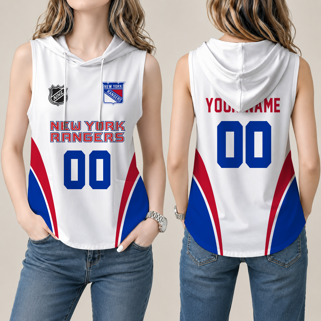 [SUPER SALE] NEW CUSTOMIZED NHL24 NYR NEW YORK RANGERS WOMEN'S SLEEVELESS HOODED POCKET TANK TOP