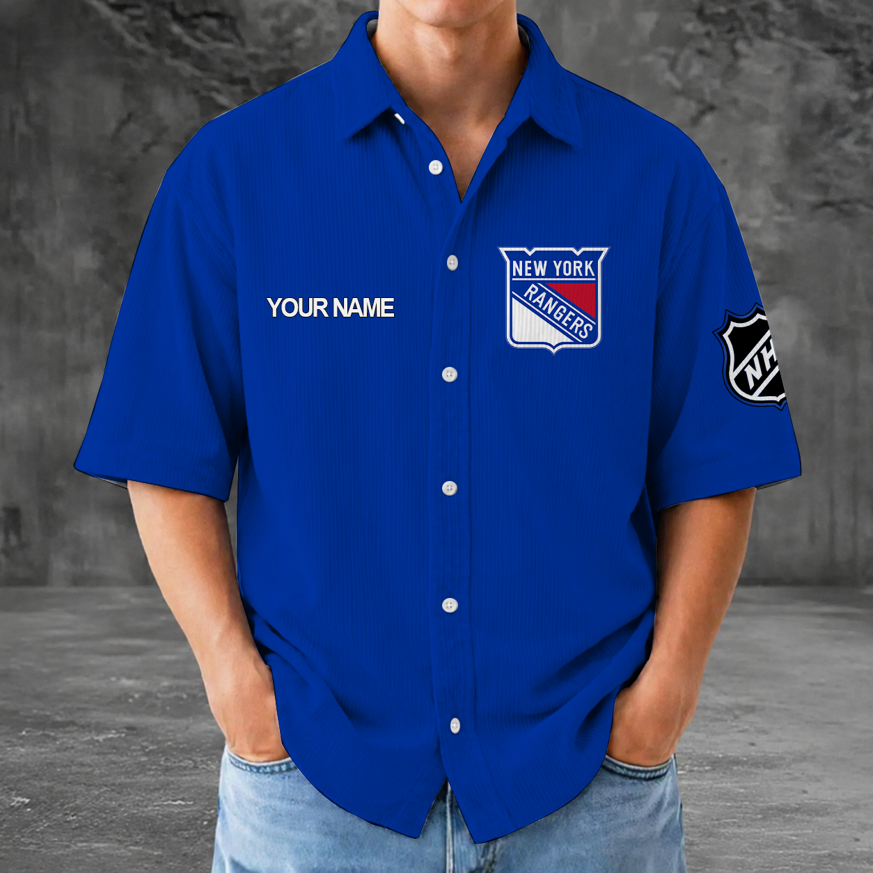 [SUPER SALE] NEW CUSTOMIZED NHL24 NYR NEW YORK RANGERS SEERSUCKER BUTTON SHIRT