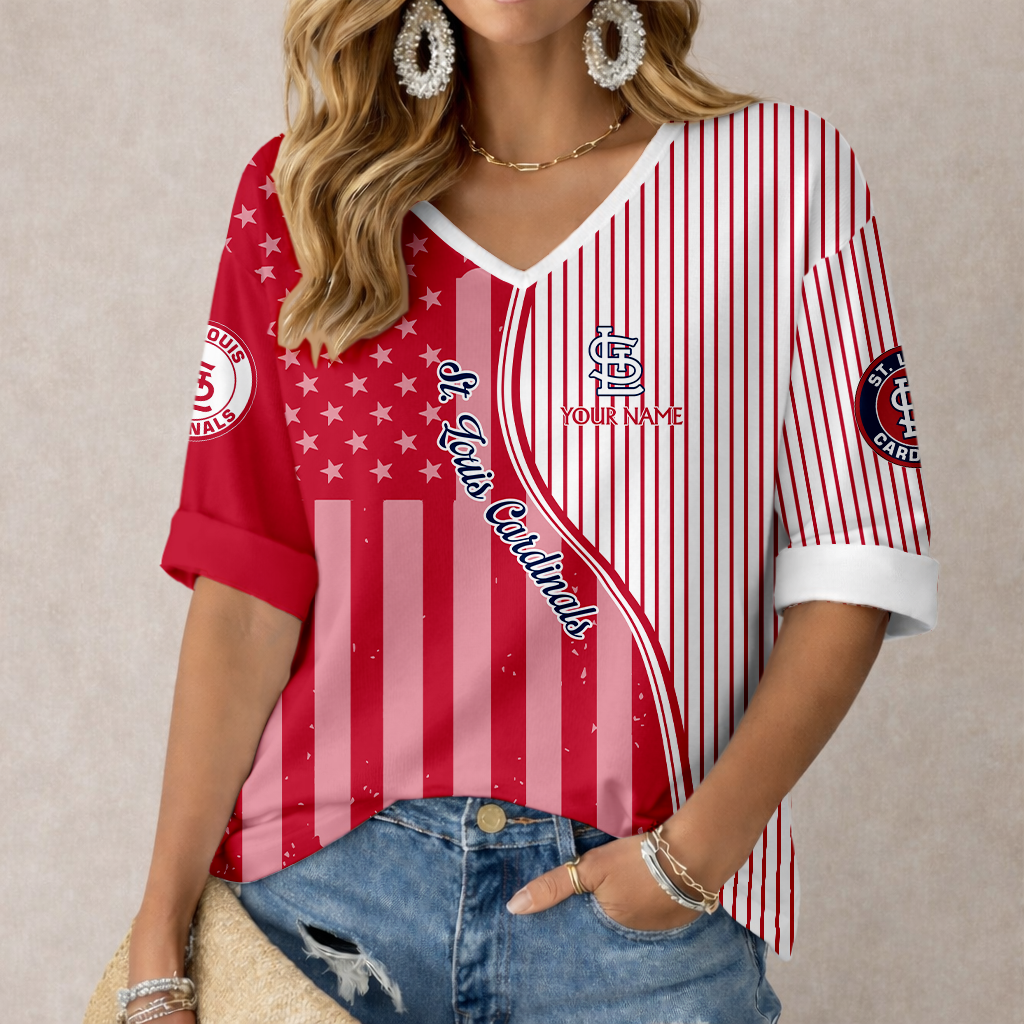 ELITE EDITION - NEW CUSTOMIZED MLB24 SLC ST. LOUIS CARDINALS WOMEN'S HEART V-NECK LONG SLEEVE SHIRT