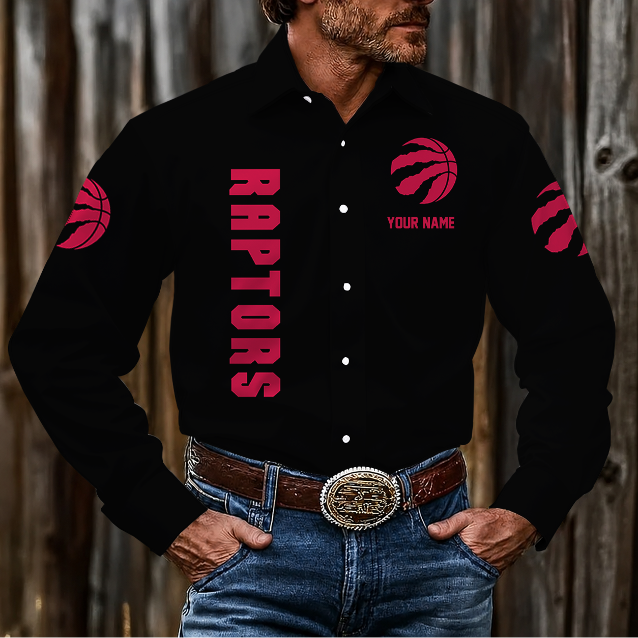 LIMITED EDITION - NEW CUSTOMIZED NBA24 TRA TORONTO RAPTORS MEN'S LONG SLEEVE BUTTON-UP SHIRT