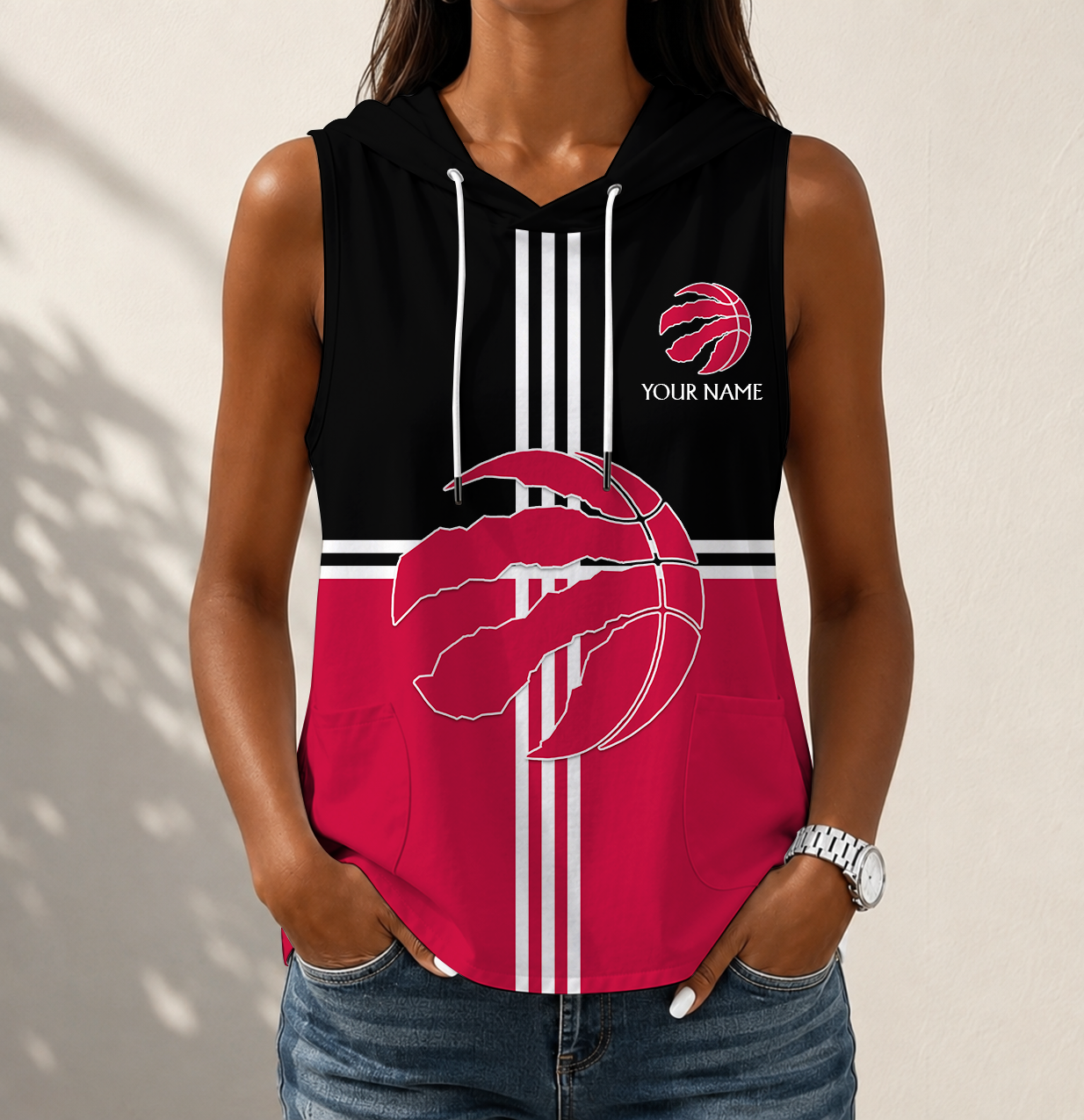LIMITED EDITION - NEW CUSTOMIZED NBA24 TRA TORONTO RAPTORS WOMEN'S SLEEVELESS HOODED POCKET TANK TOP