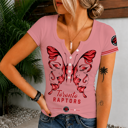 [HOT DEAL] NEW CUSTOMIZED NBA24 TRA TORONTO RAPTORS  WOMEN'S SHORT SLEEVE HENLEY T-SHIRT