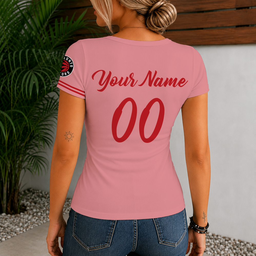 [HOT DEAL] NEW CUSTOMIZED NBA24 TRA TORONTO RAPTORS  WOMEN'S SHORT SLEEVE HENLEY T-SHIRT
