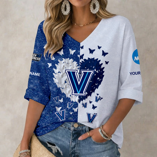 LIMITED EDITION - NEW CUSTOMIZED NCAA MAM24 VIW VILLANOVA WILDCATS WOMEN'S HEART V-NECK LONG SLEEVE SHIRT