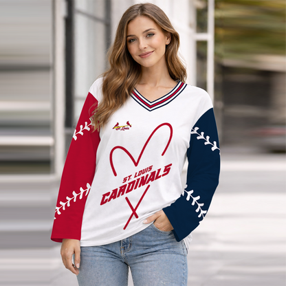 LIMITED EDITION - NEW CUSTOMIZED MLB24 SLC ST. LOUIS CARDINALS WOMEN'S HEART V-NECK LONG SLEEVE SHIRT