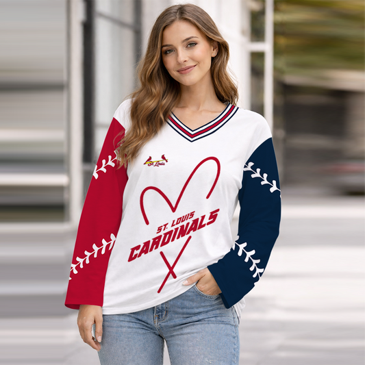LIMITED EDITION - NEW CUSTOMIZED MLB24 SLC ST. LOUIS CARDINALS WOMEN'S HEART V-NECK LONG SLEEVE SHIRT