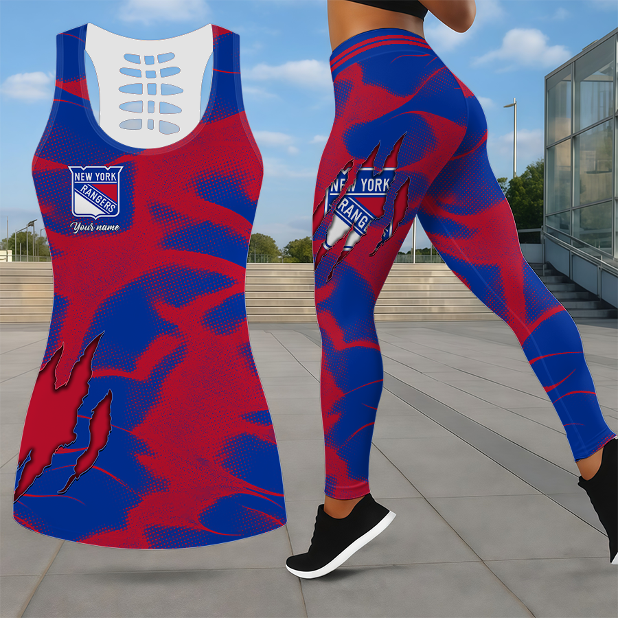 LIMITED EDITION - NEW CUSTOMIZED NHL24 NYR NEW YORK RANGERS LEGGINGS & HOLLOW TANK TOP SET
