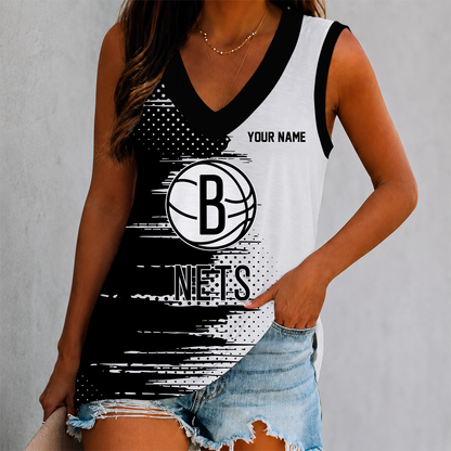 FINAL SALE - NEW CUSTOMIZED NBA25 BNE BROOKLYN NETS WOMEN'S V-NECK TANK TOP