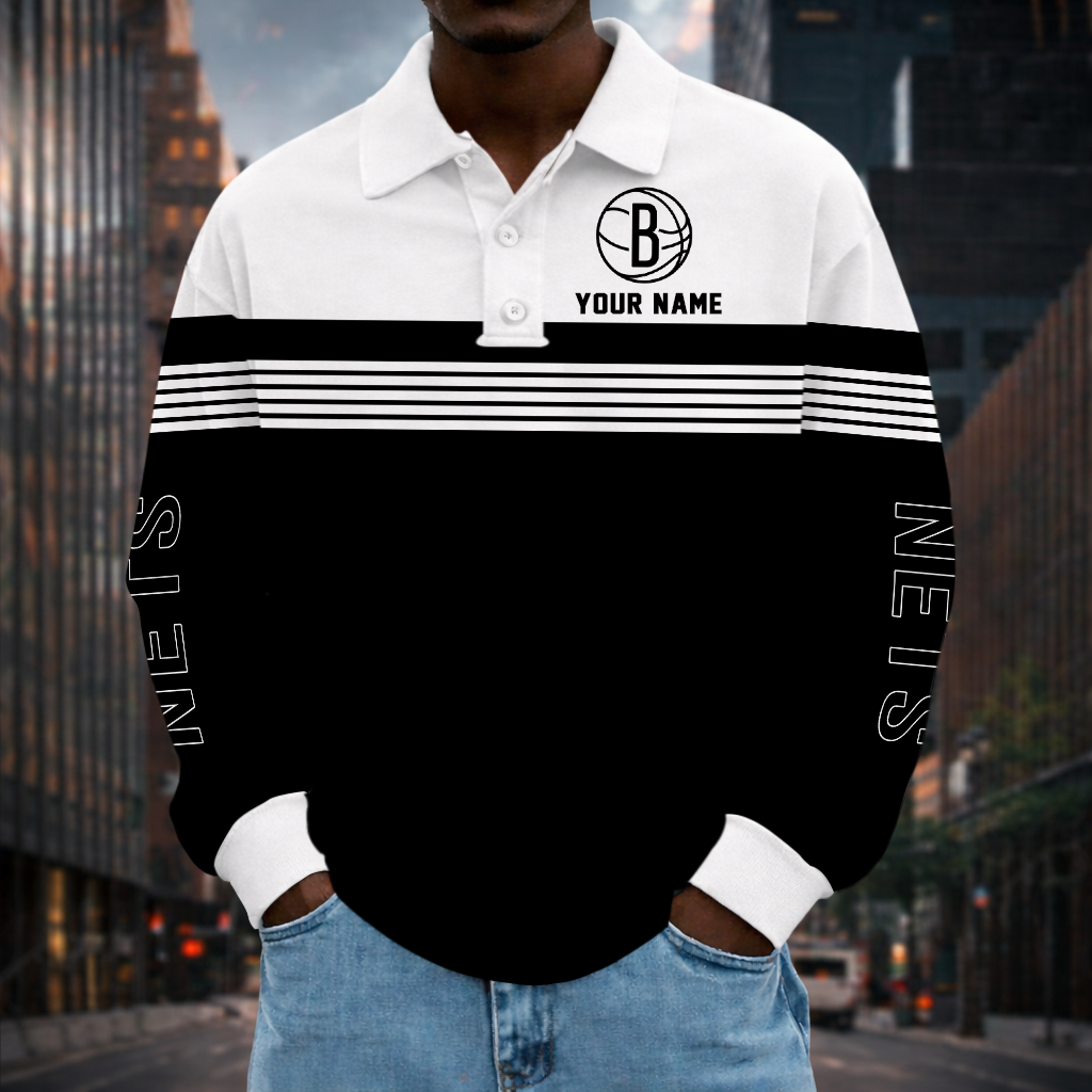 ELITE EDITION - NEW CUSTOMIZED NBA25 BNE BROOKLYN NETS MEN LONG SLEEVE POLO