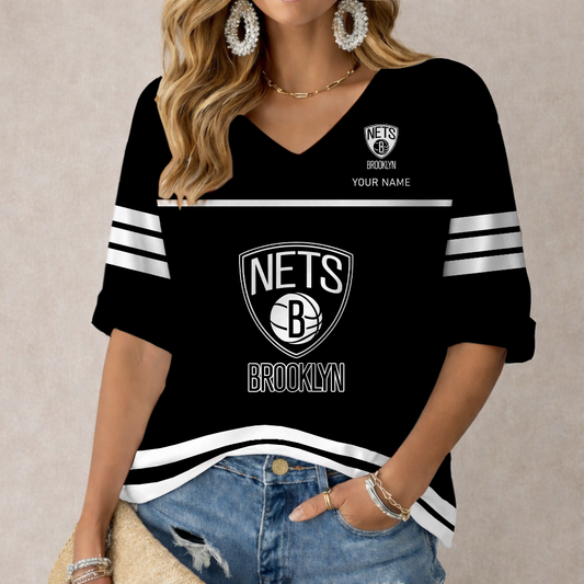 LIMITED EDITION - NEW CUSTOMIZED NBA25 BNE BROOKLYN NETS WOMEN'S HEART V-NECK LONG SLEEVE SHIRT