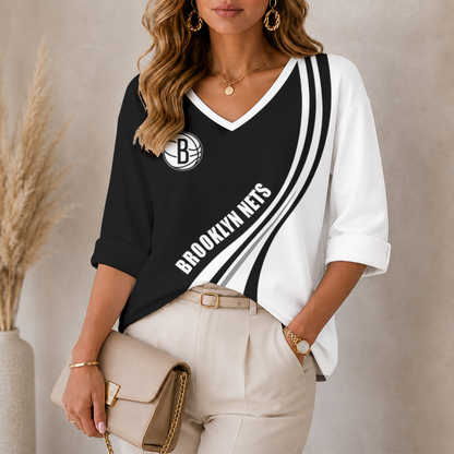[HOT DEAL] NEW CUSTOMIZED NBA25 BNE BROOKLYN NETS WOMEN'S HEART V-NECK LONG SLEEVE SHIRT