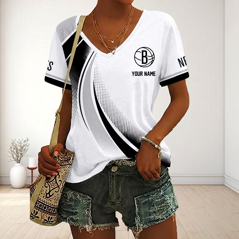 FINAL SALE - NEW CUSTOMIZED NBA25 BNE BROOKLYN NETS V-NECK FEMALE SHIRT