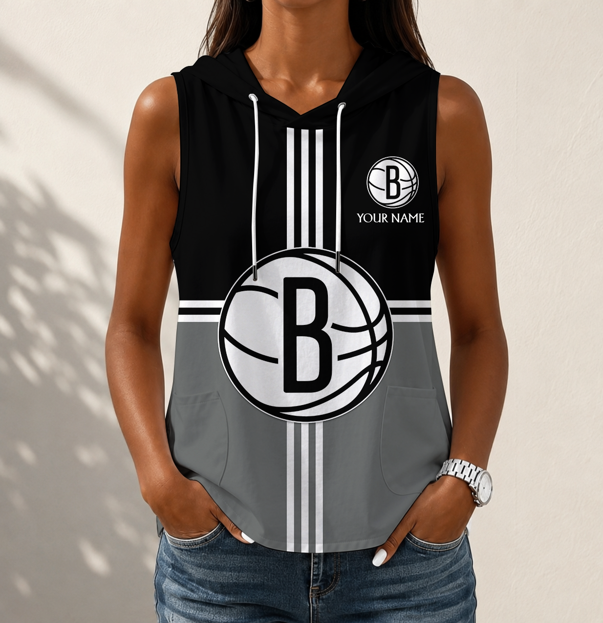 LIMITED EDITION - NEW CUSTOMIZED NBA25 BNE BROOKLYN NETS WOMEN'S SLEEVELESS HOODED POCKET TANK TOP