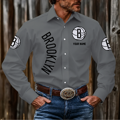 LIMITED EDITION - NEW CUSTOMIZED NBA25 BNE BROOKLYN NETS MEN'S LONG SLEEVE BUTTON-UP SHIRT