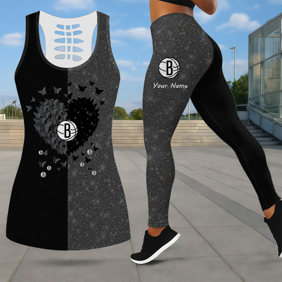 LIMITED EDITION - NEW CUSTOMIZED NBA25 BNE BROOKLYN NETS LEGGINGS & HOLLOW TANK TOP SET