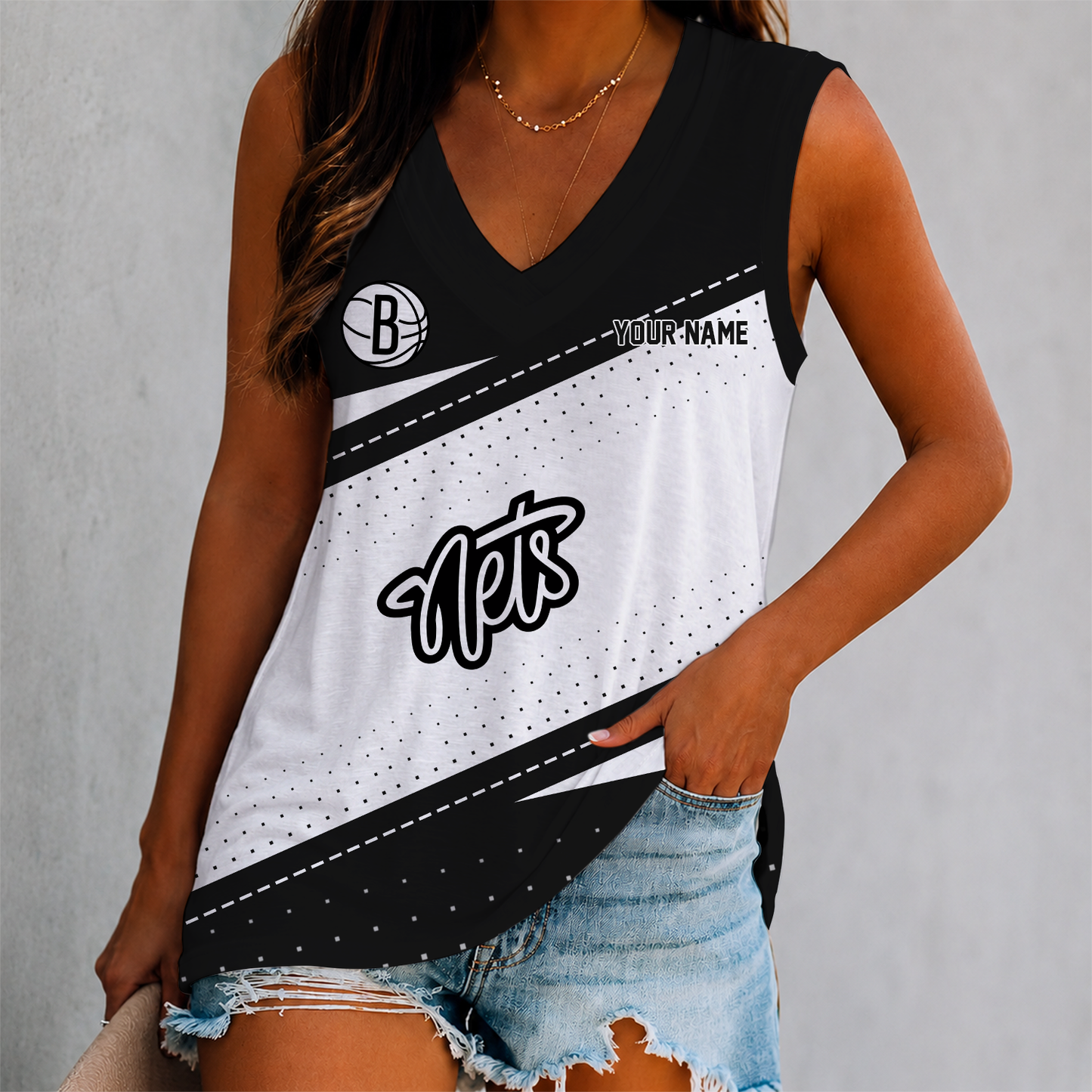 VIRAL EDITION - NEW CUSTOMIZED NBA25 BNE BROOKLYN NETS WOMEN'S V-NECK TANK TOP