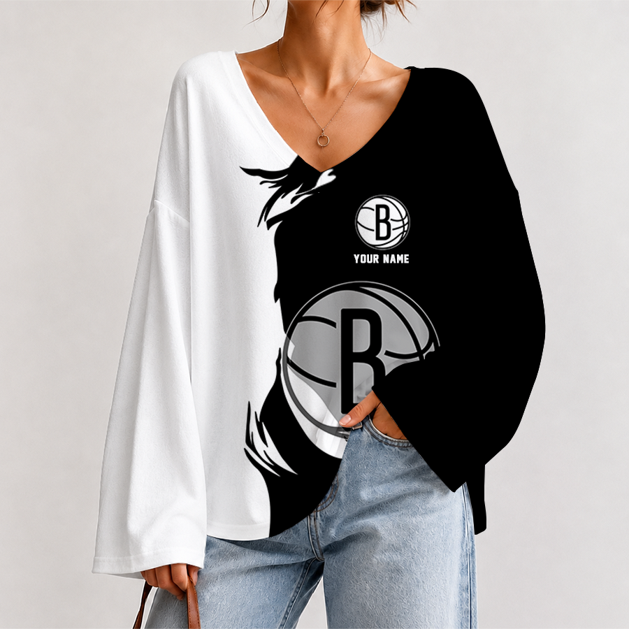 [HOT DEAL] NEW CUSTOMIZED NBA25 BNE BROOKLYN NETS V-NECK LONG SLEEVED CROP TOP