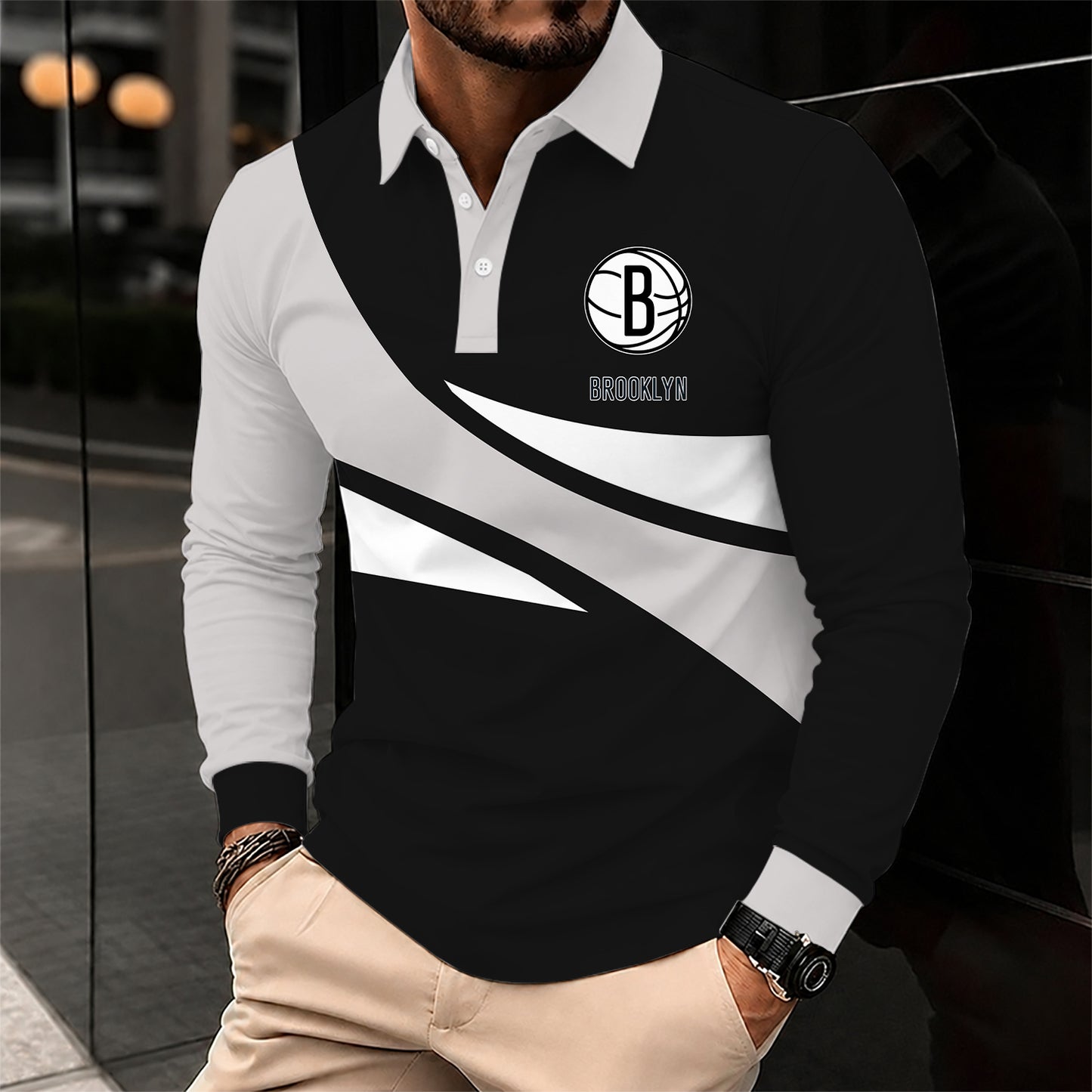 [HOT DEAL] NEW CUSTOMIZED NBA25 BNE BROOKLYN NETS MEN LONG SLEEVE POLO