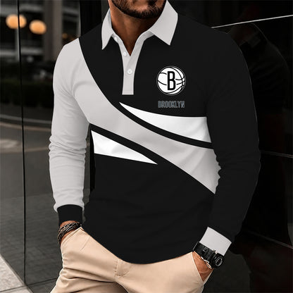 [HOT DEAL] NEW CUSTOMIZED NBA25 BNE BROOKLYN NETS MEN LONG SLEEVE POLO
