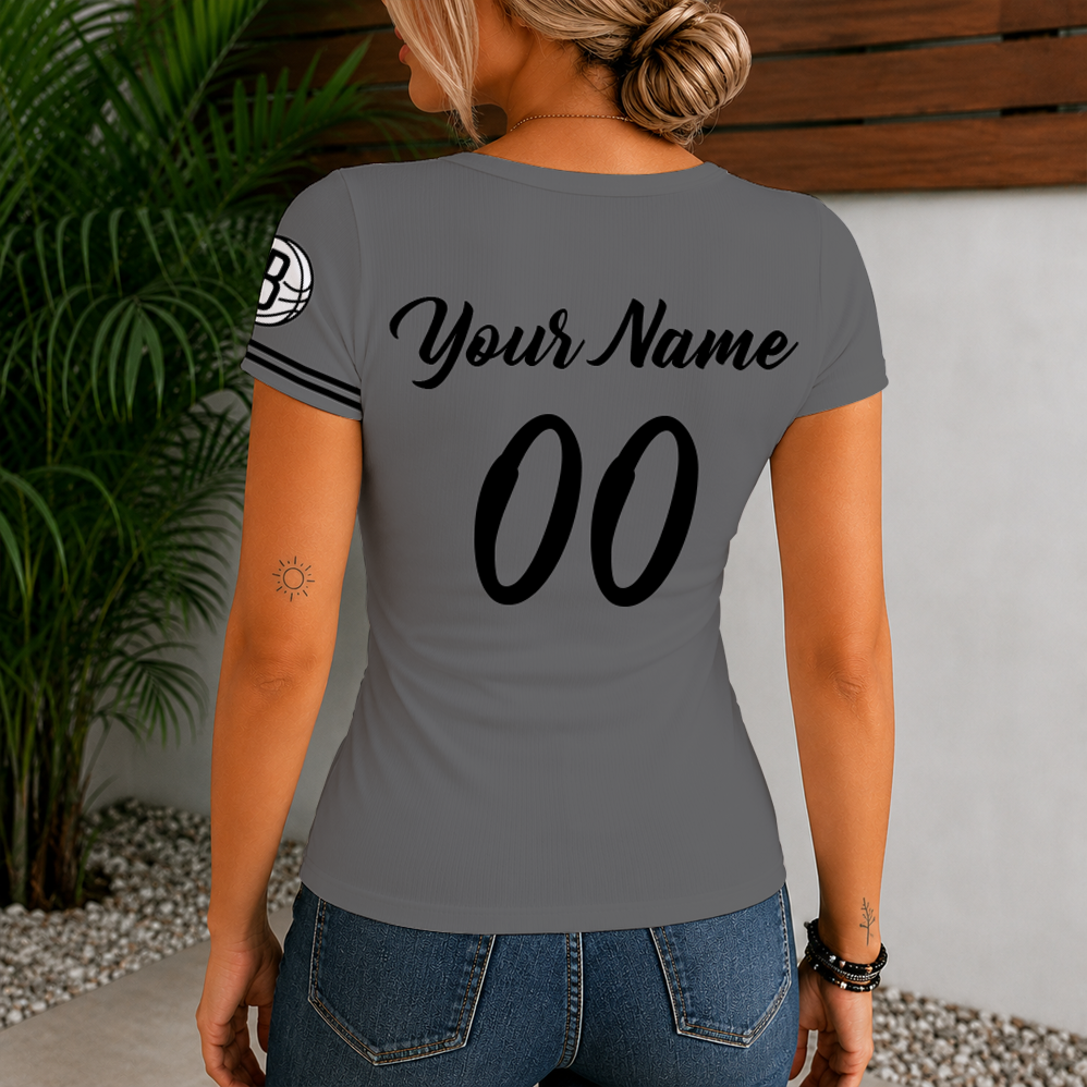 [HOT DEAL] NEW CUSTOMIZED NBA25 BNE BROOKLYN NETS  WOMEN'S SHORT SLEEVE HENLEY T-SHIRT