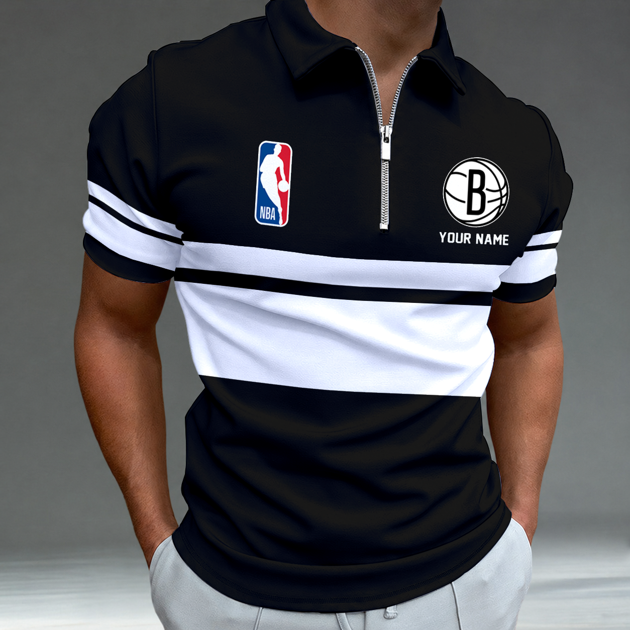 [HOT DEAL] NEW CUSTOMIZED NBA25 BNE BROOKLYN NETS ZIP POLO SHIRT