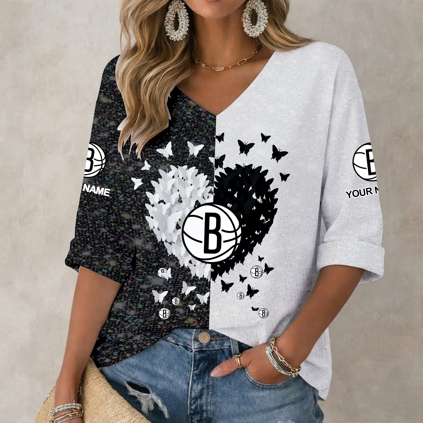 LIMITED EDITION - NEW CUSTOMIZED NBA25 BNE BROOKLYN NETS WOMEN'S HEART V-NECK LONG SLEEVE SHIRT