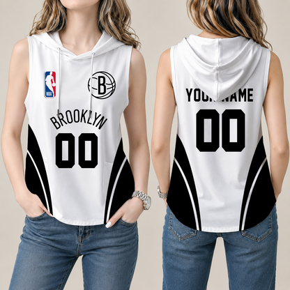 [HOT DEAL] NEW CUSTOMIZED NBA25 BNE BROOKLYN NETS  WOMEN'S SLEEVELESS HOODED POCKET TANK TOP
