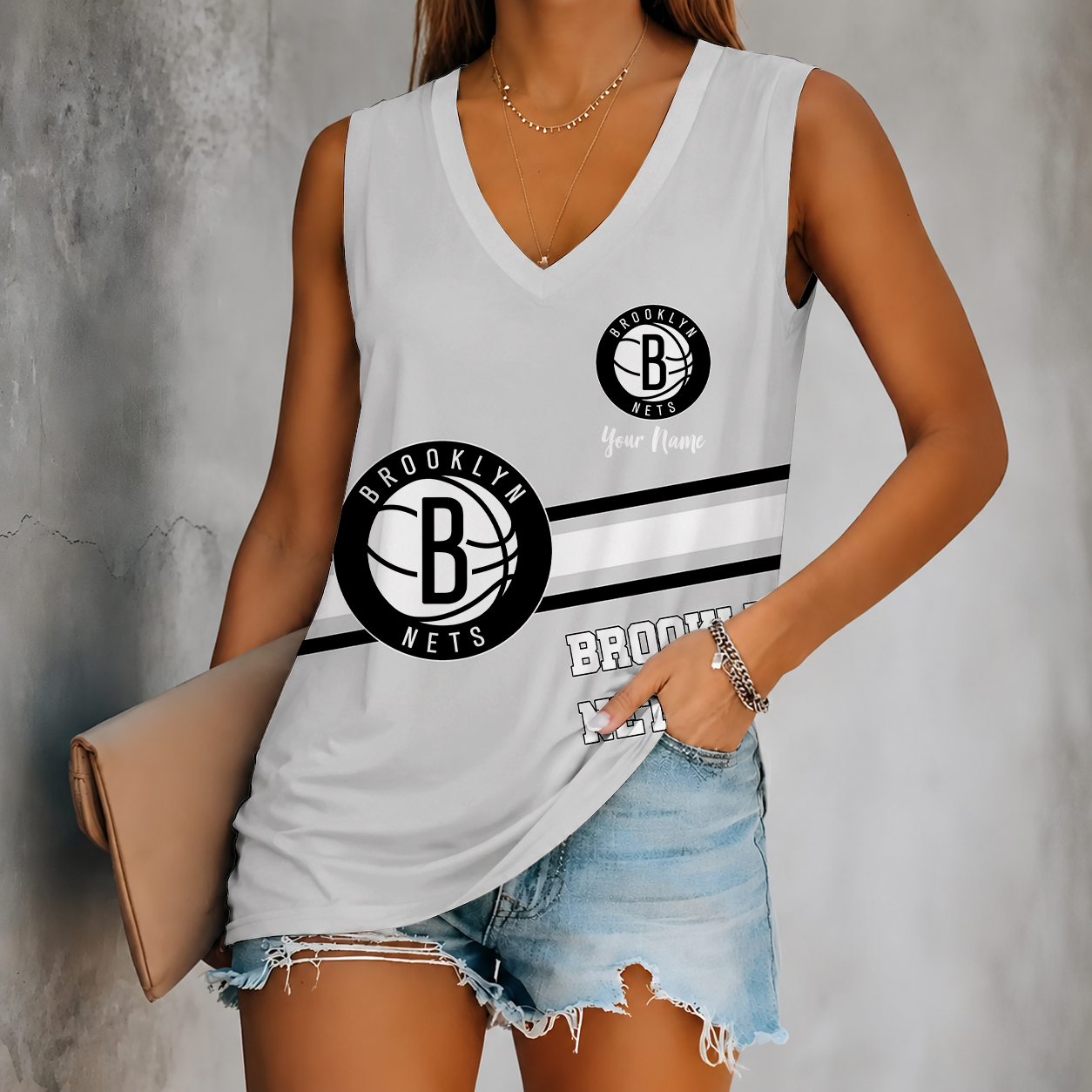 [HOT DEAL] NEW CUSTOMIZED NBA25 BNE BROOKLYN NETS WOMEN'S V-NECK TANK TOP