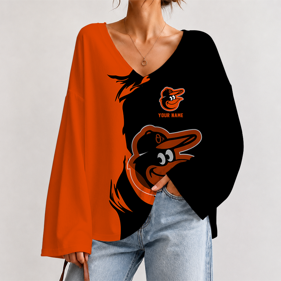 [FLASH SALE] NEW CUSTOMIZED MLB25 BOS BALTIMORE ORIOLES V-NECK LONG SLEEVED CROP TOP