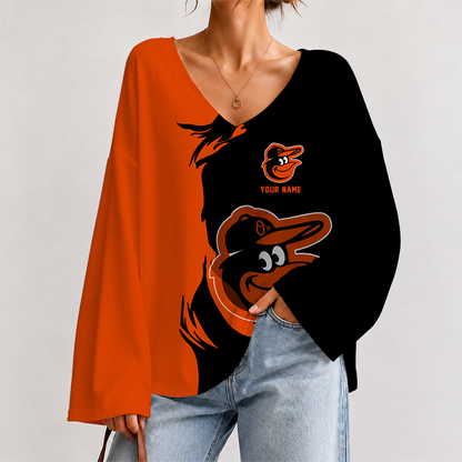 [FLASH SALE] NEW CUSTOMIZED MLB25 BOS BALTIMORE ORIOLES V-NECK LONG SLEEVED CROP TOP