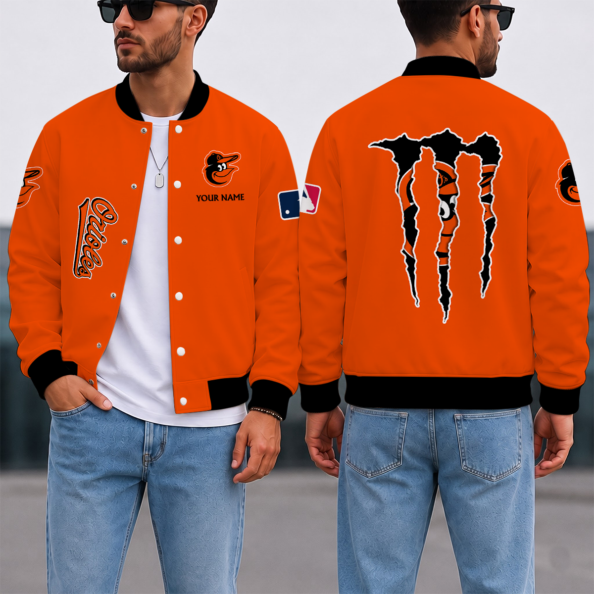 SPECIAL EDITION - NEW CUSTOMIZED MLB25 BOS BALTIMORE ORIOLES SATIN VARSITY & BASEBALL JACKET
